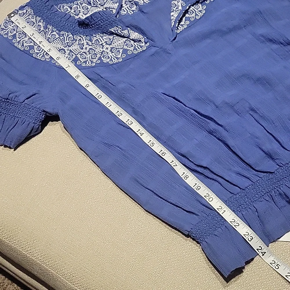 Tory Burch Nina Blouse Embroidery White Blue Peasant Cotton Western Boho Medium